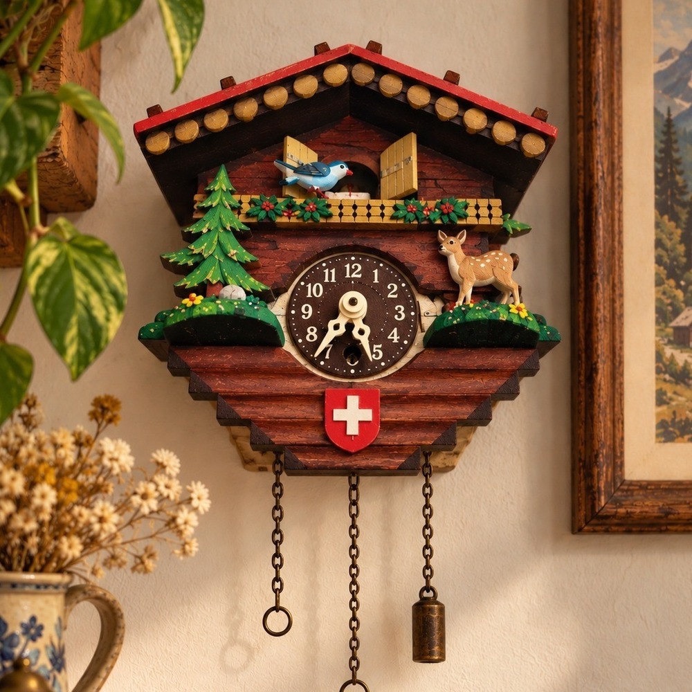 Vintage Mini Swiss Chalet Cuckoo Clock Rustic Wood Deer Bird Alpine Wall Decor